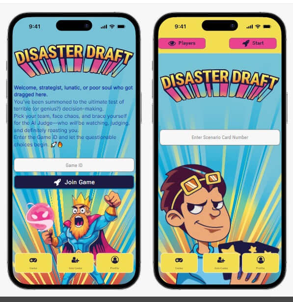 Game night with friends app interface for Disaster Draft, featuring gameplay instructions and character visuals.