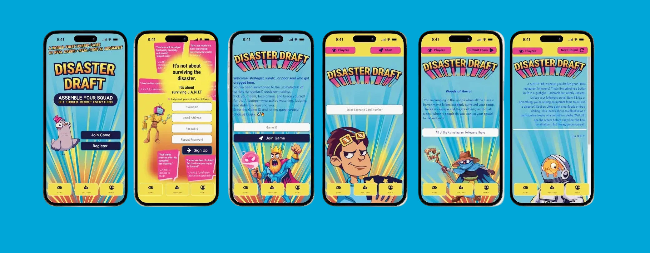 Set of colorful smartphone screens displaying 'Disaster Draft' app interface on a blue background.