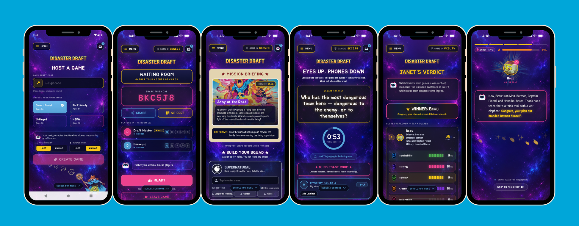 Six smartphone screen mockups arranged side by side on a bright cyan background, displaying a purple and pink social media or chat interface with text bubbles and a central featured post.