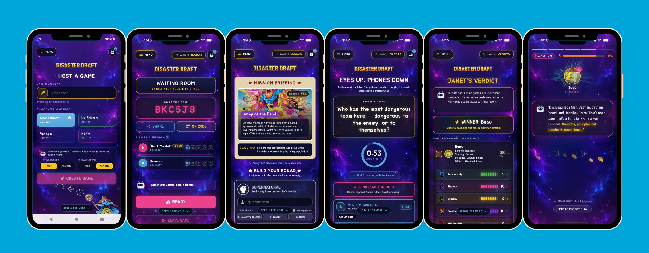 Six smartphone screen mockups arranged side by side on a bright cyan background, displaying a purple and pink social media or chat interface with text bubbles and a central featured post.